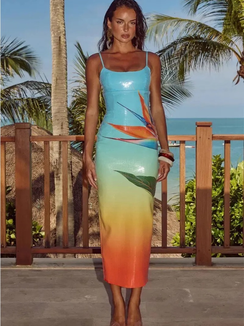 Turquoise to Orange Ombre Tropical Slip Dress